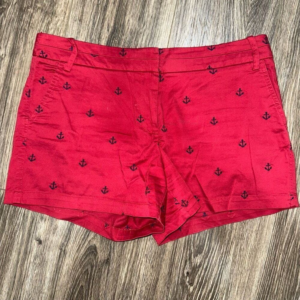 British Khaki Women’s Chino Shorts Red/Navy Blue Anchor Print US Size 8
